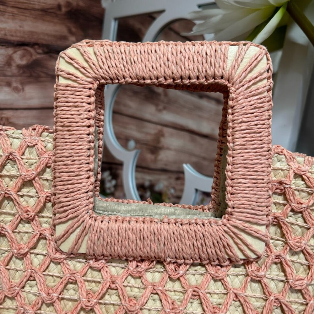 A New Day Paper Straw Handheld Small Tote Handbag Pink/Natural - Picture 8 of 8